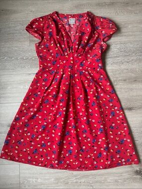 Anthropologie Red Floral Midi Dress with Blue and Yellow Blooms